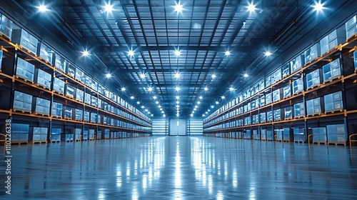 A brightly lit warehouse interior featuring modern, glowing hermetic light fixtures mounted on the ceiling. photo