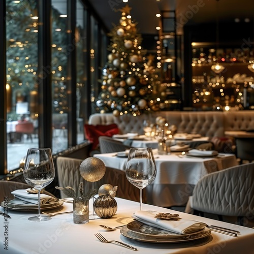 Evening restaurant in modern style with Christmas decorations, Christmas tree.