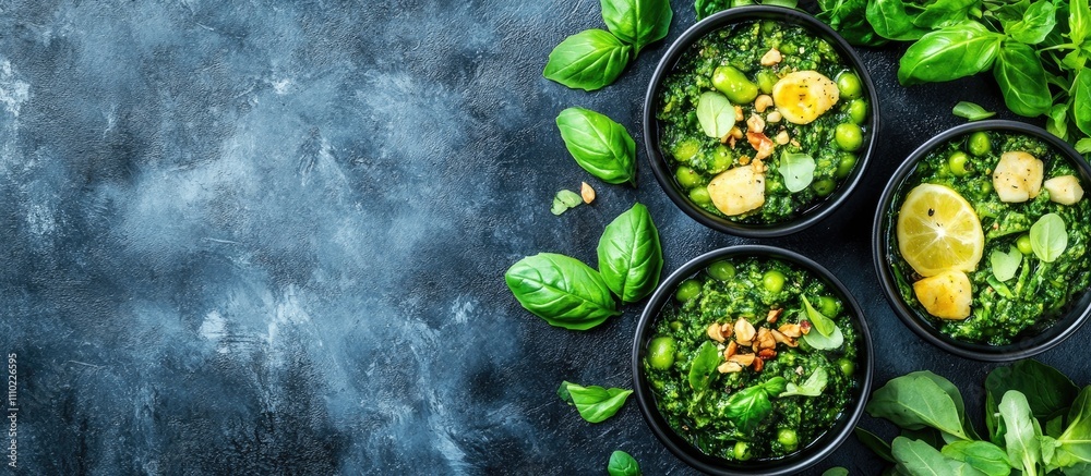 Fresh green salads with nuts and lemon served in black bowls surrounded by basil leaves on a textured dark background Fresh green salads with nuts and lemon served in black bowls surrounded by basil leaves on a textured dark background