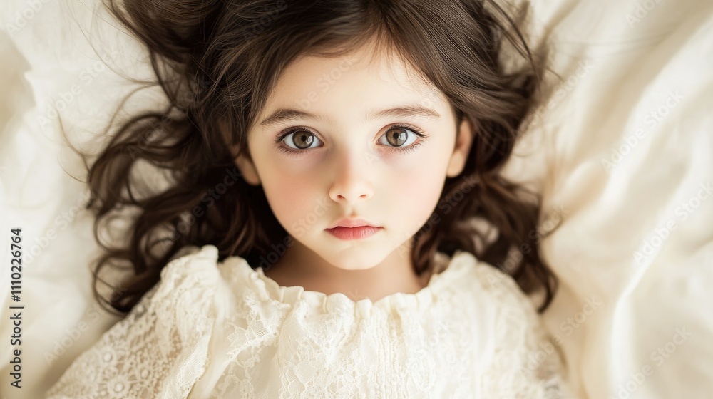 Portrait of an adorable young girl with long hair gazing serenely on a soft white background showcasing innocence and charm Portrait of an adorable young girl with long hair gazing serenely on a soft white background showcasing innocence and charm