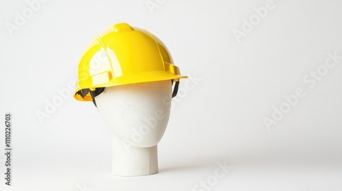 Yellow safety helmet displayed on a mannequin head against a clean white background emphasizing workplace safety and construction gear. photo