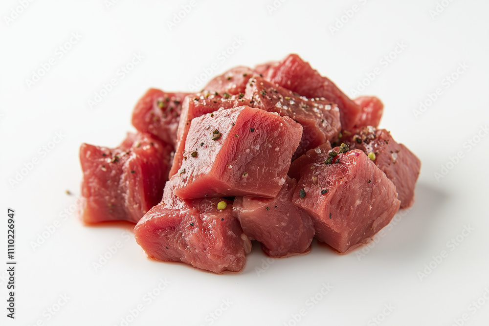 Selective focus sliced of beef isolated on white background, Close up shot dice of red meat on white. Selective focus sliced of beef isolated on white background, Close up shot dice of red meat on white.
