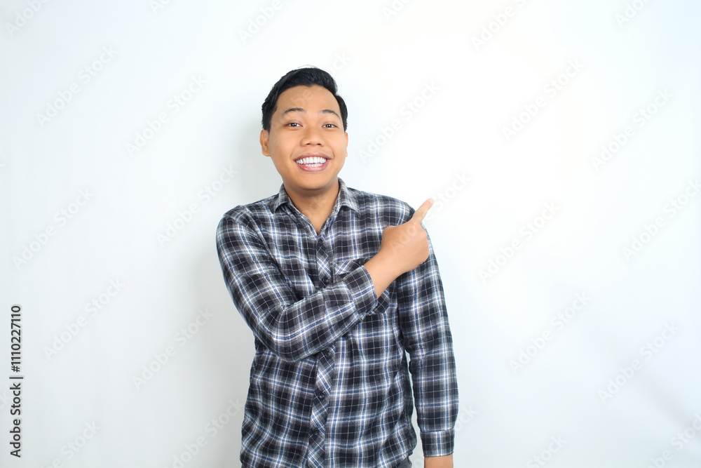 happy asian man pointing hand with smiling face and confident gesture isolated on white backgroun wearing plaid shirt happy asian man pointing hand with smiling face and confident gesture isolated on white backgroun wearing plaid shirt