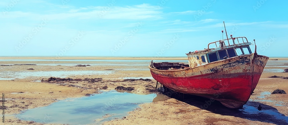 Fototapeta premium Abandoned fishing boat stranded on sandy shore at low tide under a clear blue sky