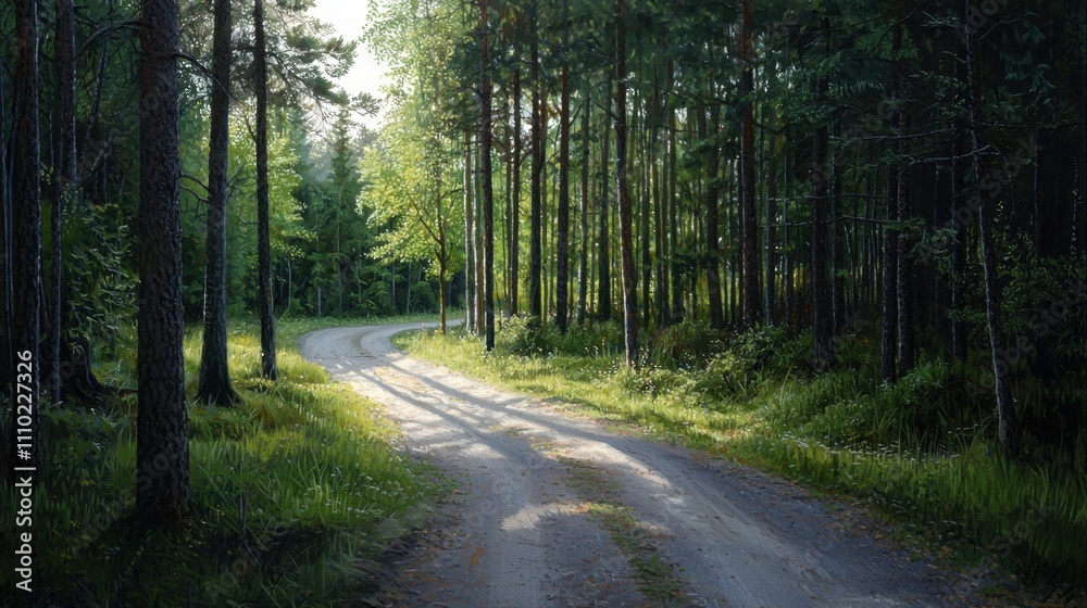 A painting of a forest road with trees in the background A painting of a forest road with trees in the background