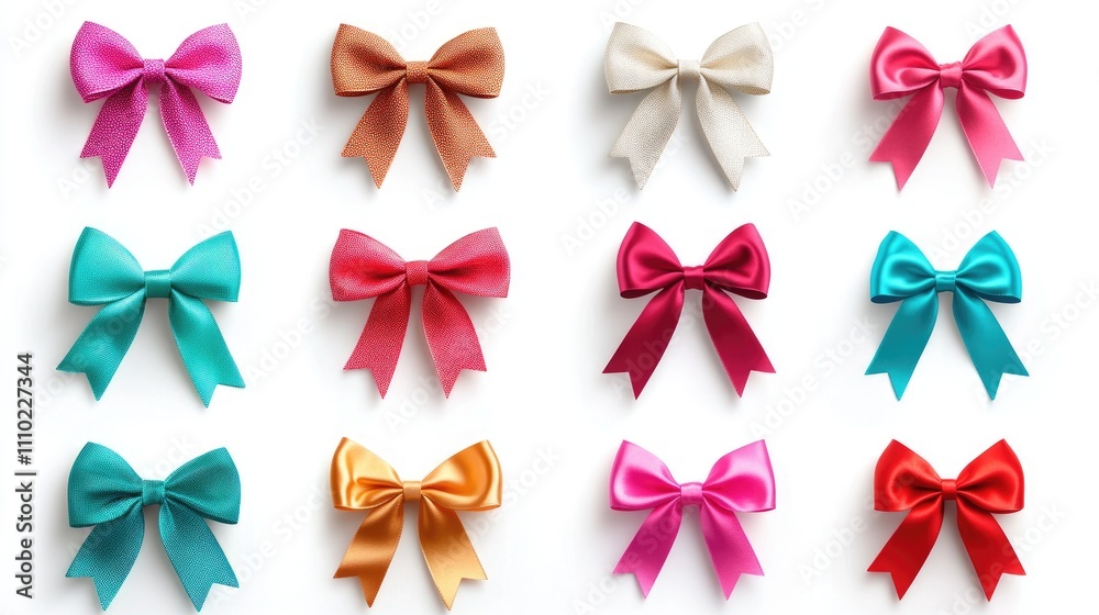 Colorful satin bows arranged in a grid pattern on a white background showcasing various vibrant colors and styles Colorful satin bows arranged in a grid pattern on a white background showcasing various vibrant colors and styles