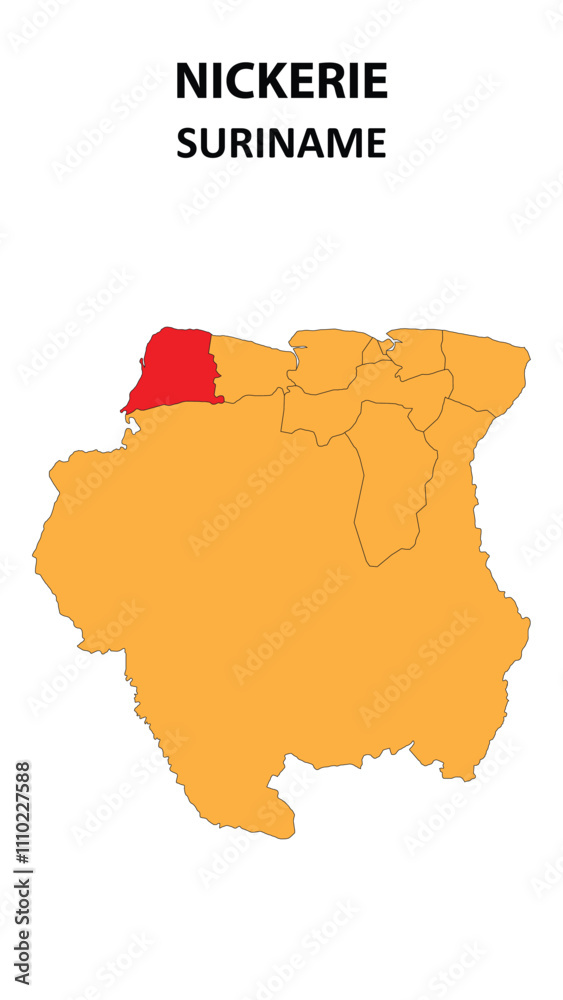 Fototapeta premium Nickerie Map is highlighted on the Suriname map with detailed state and region outlines.
