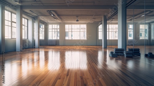 An empty fitness studio with large mirrors, polished wooden floors, and neatly stacked yoga blocks