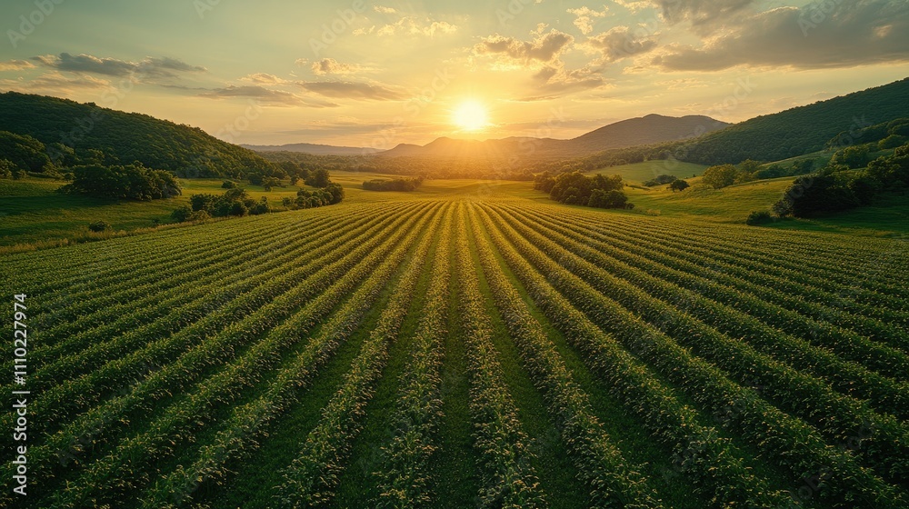 Aerial view of lush agricultural fields at sunset showcasing rows of crops under a clear sky with soft clouds in the background Aerial view of lush agricultural fields at sunset showcasing rows of crops under a clear sky with soft clouds in the background