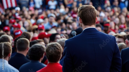 A man stands in front of a crowd of people, speaking into a microphone