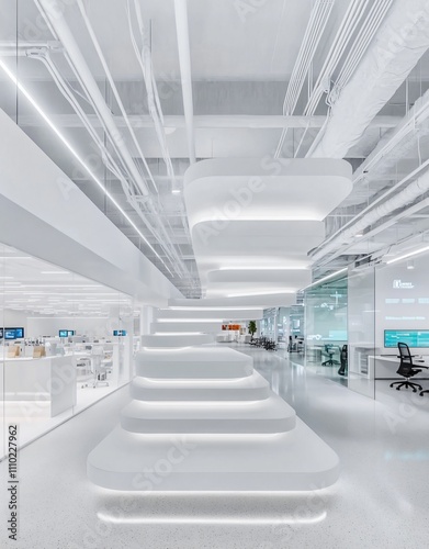 Modern office interior featuring sleek, white stairs and open workspace design.