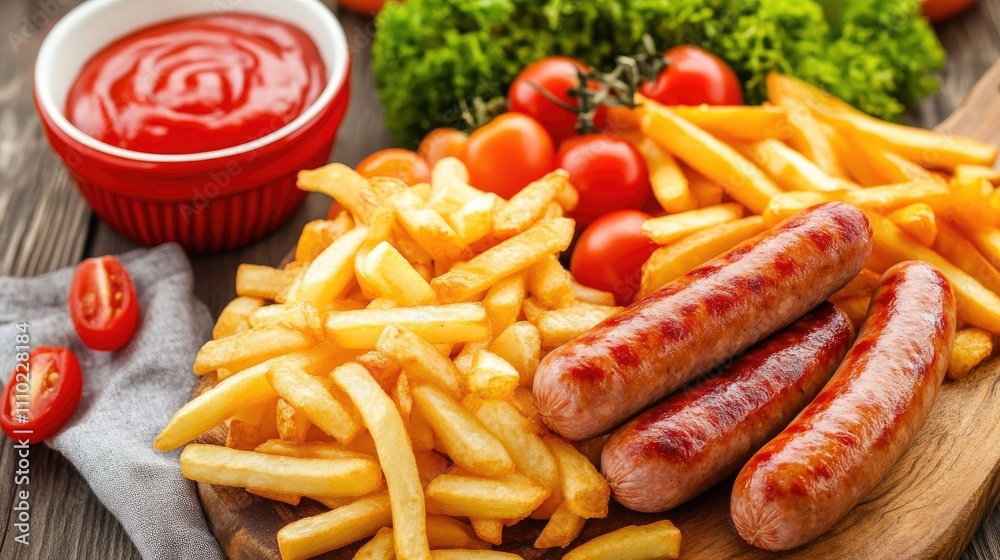 Grilled sausages with crispy french fries and fresh vegetables served on a wooden board with ketchup in a rustic setting Grilled sausages with crispy french fries and fresh vegetables served on a wooden board with ketchup in a rustic setting