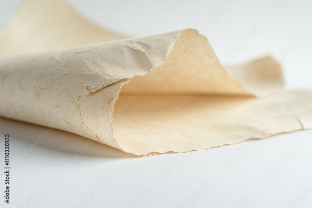 Roll of ancient paper isolated on white background, Selective focus fold handmade craft paper on white.