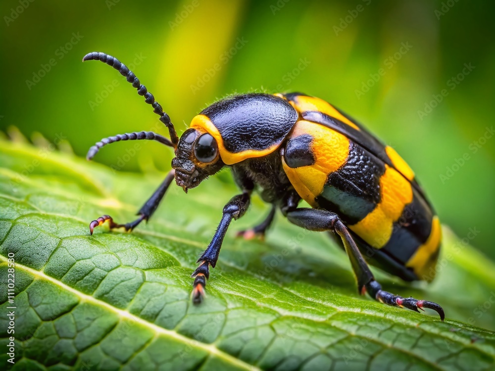 Captivating Close-Up of a Black and Yellow Beetle on Green Leaf with Natural Background and Copy Space for Text Overlay, Perfect for Nature and Insect Enthusiasts Captivating Close-Up of a Black and Yellow Beetle on Green Leaf with Natural Background and Copy Space for Text Overlay, Perfect for Nature and Insect Enthusiasts