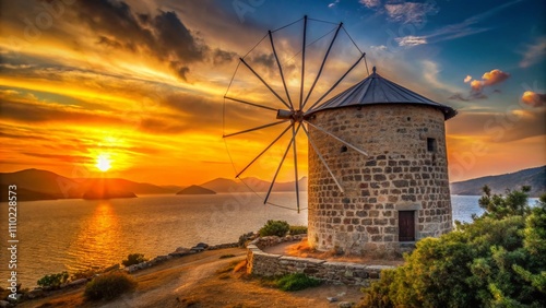 Captivating Close-Up of a Bodrum Windmill at Sunset, Showcasing the Beautiful Light and Shadows of the Iconic Structure Against the Vibrant Sky in Turkey