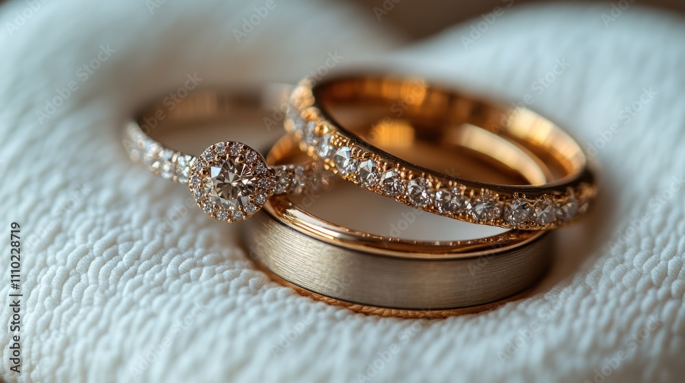 Close-up macro shot of elegant wedding rings resting on a soft white heart-shaped pillow showcasing intricate details and sparkling stones Close-up macro shot of elegant wedding rings resting on a soft white heart-shaped pillow showcasing intricate details and sparkling stones