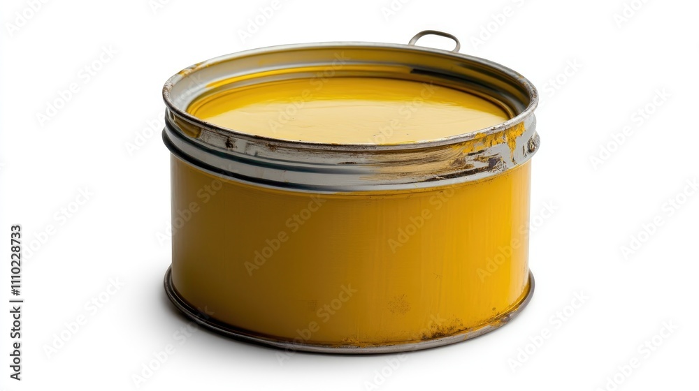 Yellow paint can with shiny silver lid isolated on white background featuring clipping path for design or advertising concepts. Yellow paint can with shiny silver lid isolated on white background featuring clipping path for design or advertising concepts.