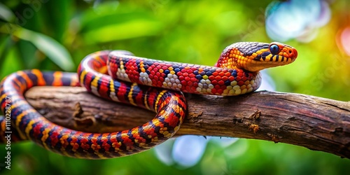 Captivating Close-Up of a Bungarus Candidus Snake in Natural Habitat with Lush Greenery, Perfectly Positioned on the Right for Creative Copy Space and Stunning Visual Appeal photo