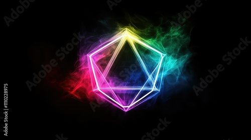 Colorful geometric shape engulfed in vibrant smoke.