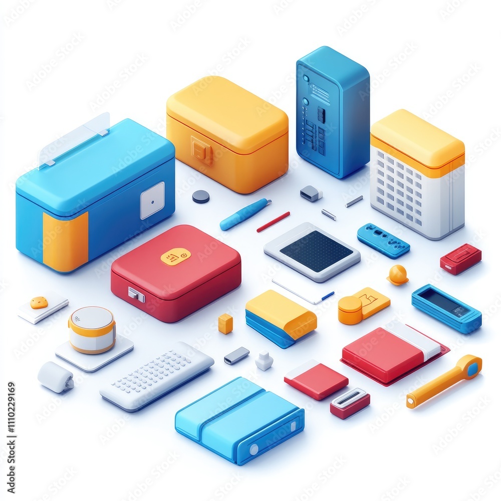 Colorful isometric illustration of various gadgets and office supplies. Colorful isometric illustration of various gadgets and office supplies.