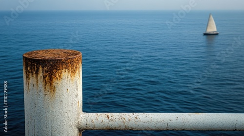 Rusty iron railing post on cement with blurred sailboat and tranquil sea background in a serene coastal setting. photo