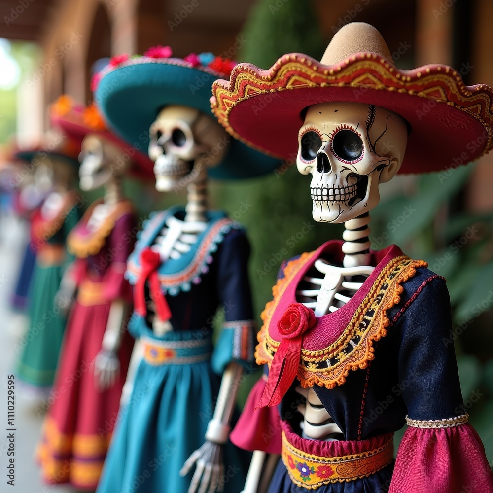 Day of the Dead Skeleton Figures Dressed in Traditional Mexican Clothing and Colors. Day of the Dead Skeleton Figures Dressed in Traditional Mexican Clothing and Colors.