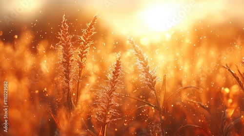 Golden corn fields at sunset creating a warm and tranquil agricultural landscape with soft bokeh and vibrant light effects. photo