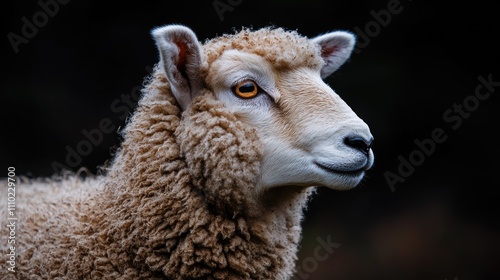 adorable sheep with fluffy wool posing against a dark background showcasing its calm expression and gentle demeanor