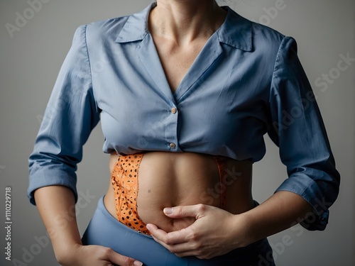 a woman is holding her stomach because she is in pain photo