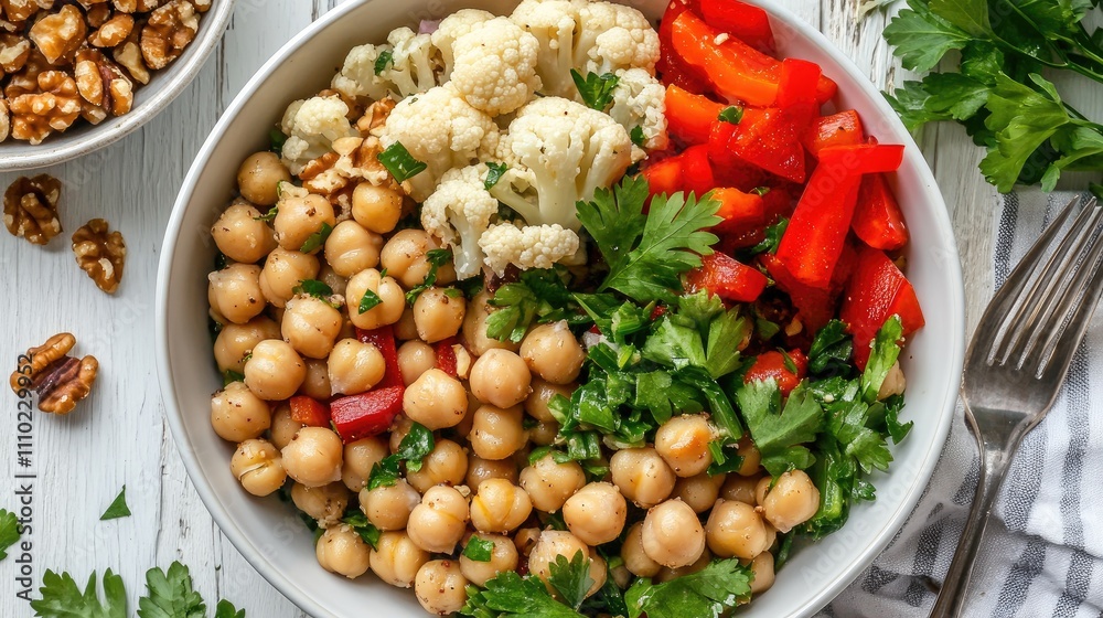 Roasted cauliflower and chickpea quinoa salad with walnuts red pepper onion and cilantro in a white bowl on a rustic wooden table Roasted cauliflower and chickpea quinoa salad with walnuts red pepper onion and cilantro in a white bowl on a rustic wooden table