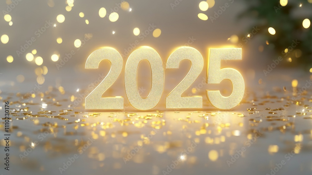 A glowing golden  surrounded by subtle golden confetti, set against a clean white surface with soft shadows
