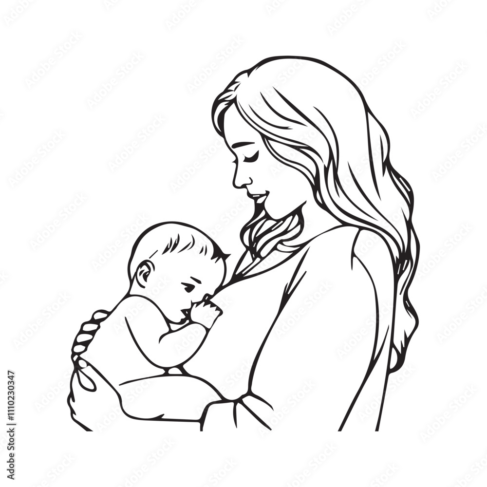 A mother is breastfeeding her baby. line art silhouette vector on white background A mother is breastfeeding her baby. line art silhouette vector on white background
