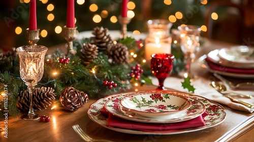 A Christmas dinner table set with festive dishes, candles, and a centerpiece of holly and pinecones, surrounded by warm holiday lights