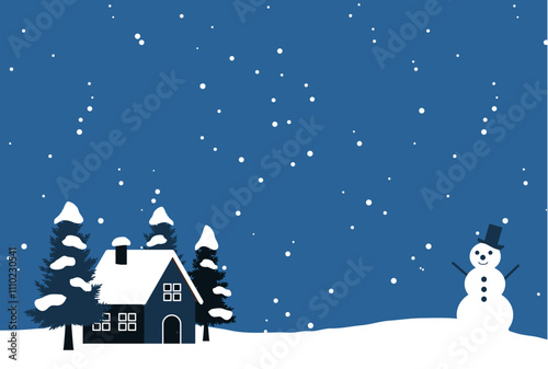 山小屋のある雪山背景、冬、イラスト、かわいい、横、ポストカード、寒中見舞い