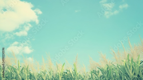 Vibrant green cornfield under a clear blue sky with fluffy clouds in a serene summer landscape ambiance