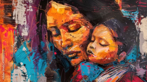 Colorful Abstract Painting of Mother and Child Embrace