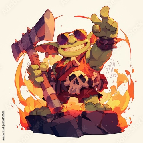 Cool goblin wielding axe in flames. photo