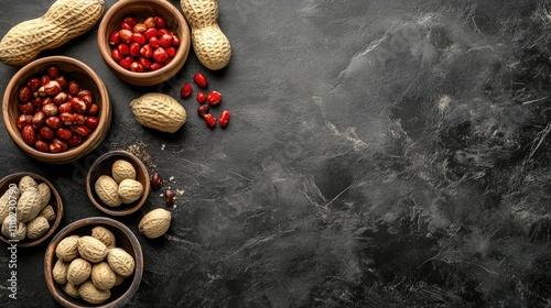 Peanuts and groundnuts in wooden bowls on a dark textured background with scattered nuts and red seeds for culinary or health themes