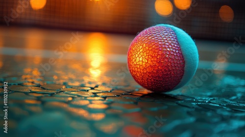 Close-up of a textured, orange and white ball resting on a cracked, reflective surface with blurred lights in the background.