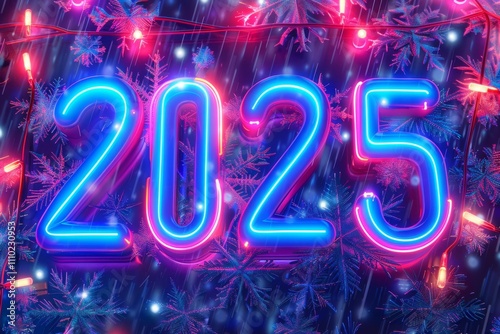 2025 neon numbers, luminous New Year symbol, fluorescent 2025 greeting card, glowing sparkle