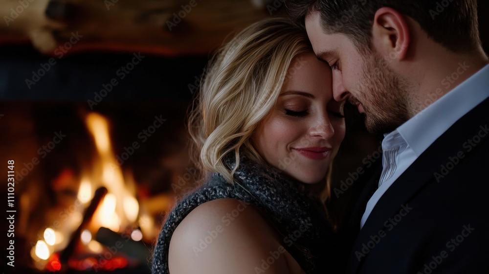Fototapeta premium A couple is hugging in front of a fireplace
