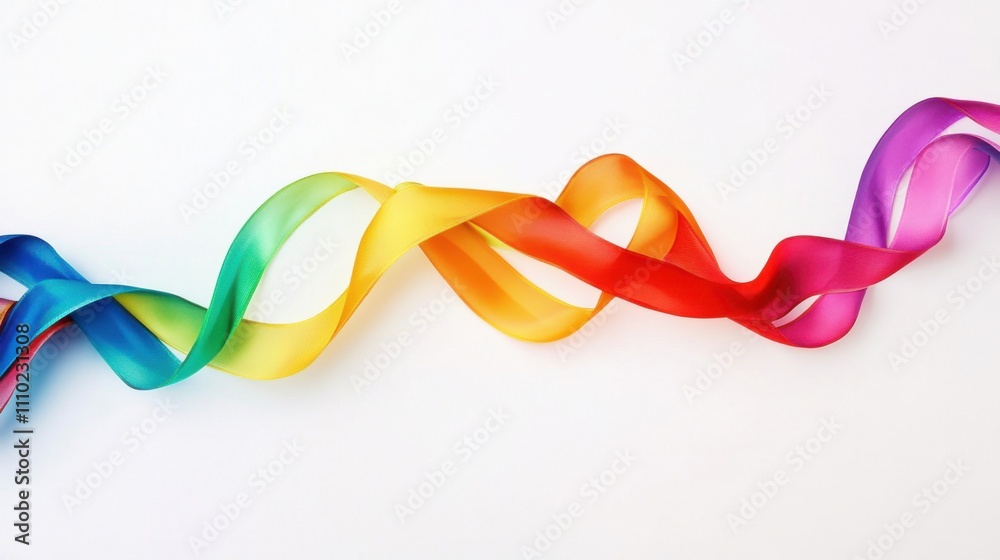 An abstract portrayal of LGBTQ+ pride with a colorful wave of rainbow ribbons flowing through a white space, symbolizing pride and unity, minimalist composition An abstract portrayal of LGBTQ+ pride with a colorful wave of rainbow ribbons flowing through a white space, symbolizing pride and unity, minimalist composition