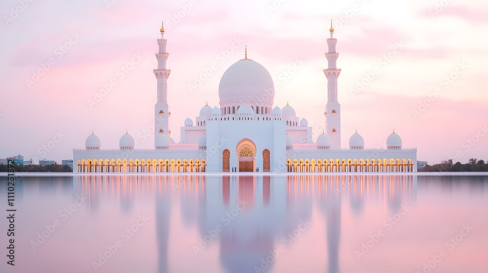 Obraz premium Serene Twilight Glow: Majestic Mosque Reflected in Still Waters at Ramadan's Emotive Hour. Ramadan Concept