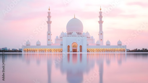 Serene Twilight Glow: Majestic Mosque Reflected in Still Waters at Ramadan's Emotive Hour. Ramadan Concept photo