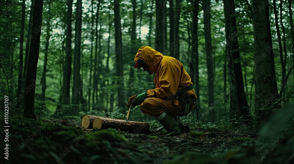 A lumberjack in protective gear marking logs for cutting in a forest with dense tree lines A lumberjack in protective gear marking logs for cutting in a forest with dense tree lines