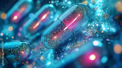 health and immune strength with vibrant capsules and colorful texture in pharmaceutical therapy and research.






