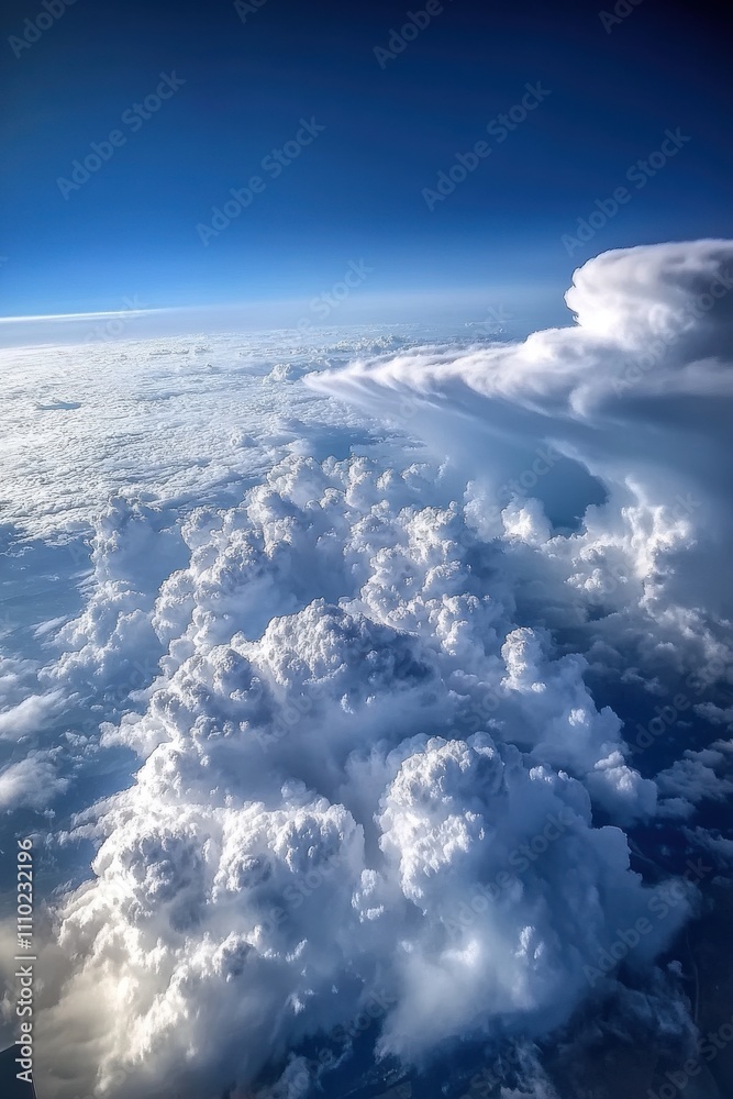 Naklejka premium Majestic View of Fluffy White Clouds Over a Clear Blue Sky Captured from an Airplane Window, Showcasing Nature's Beautiful Cloud Formations in the Atmosphere