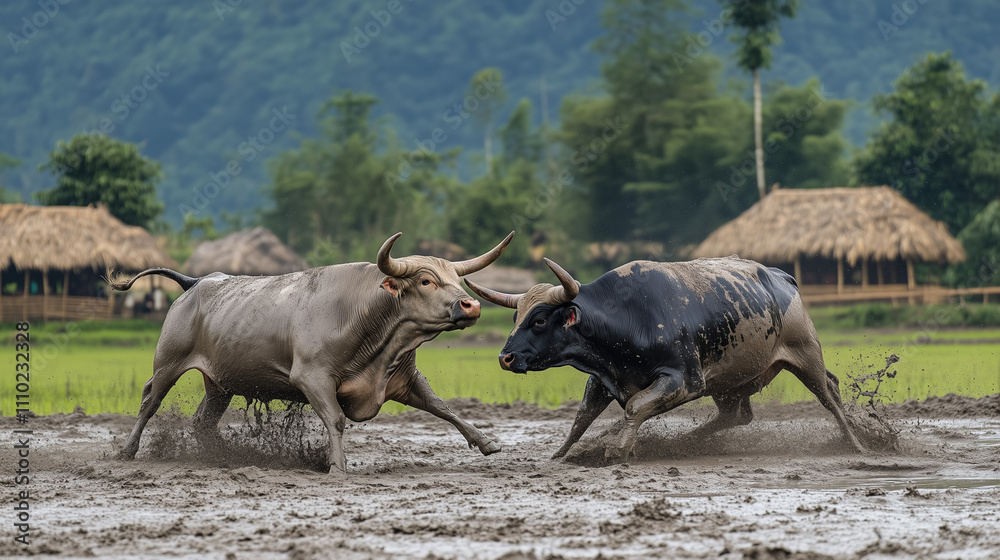 Fototapeta premium Traditional bullfighting at Bihu Festival, two bulls fighting with horns locked in the middle of a muddy arena, Ai generated images