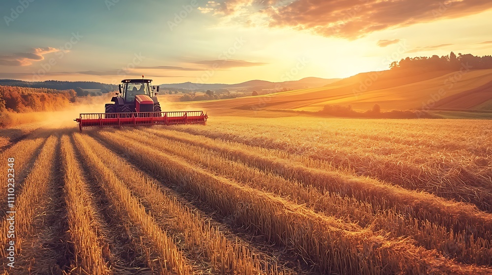 Tractor harvesting golden wheat field at sunset.