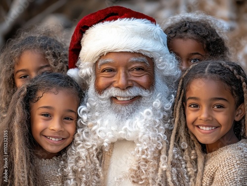 Santa with a diverse group of children, smiling, multicultural, inclusive, holiday spirit